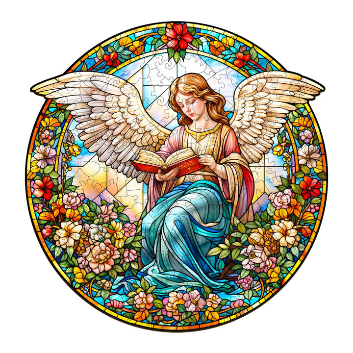 Angelic Garden wooden jigsaw puzzle featuring a serene angel reading among colorful flowers.
