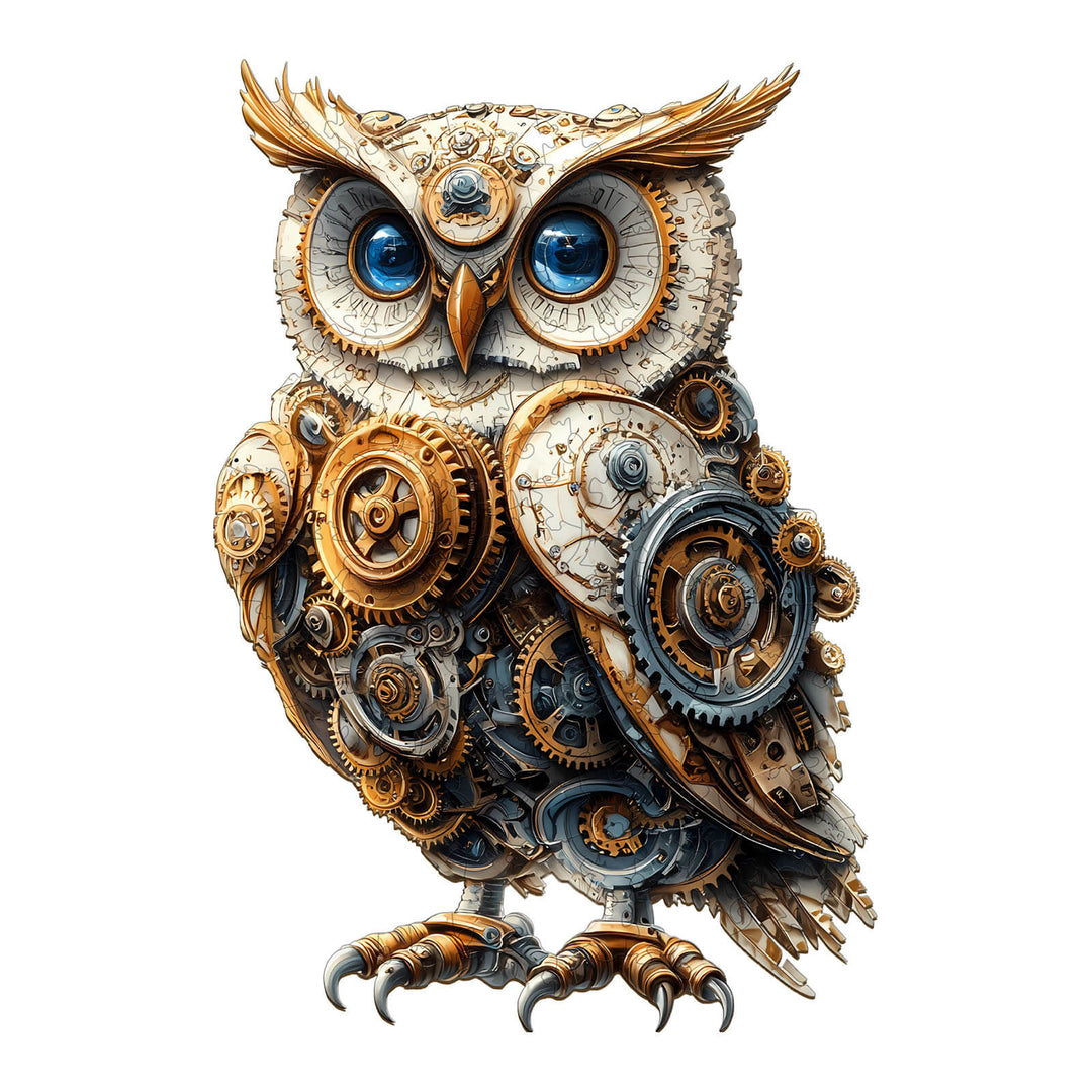 Mechanical Owl Wooden Jigsaw Puzzle featuring a detailed, steampunk design with intricate gears and vivid colors.