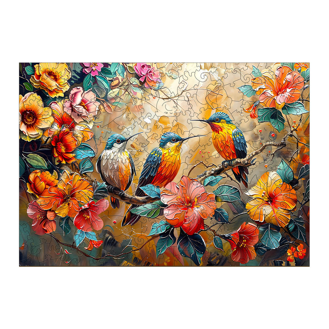 Vibrant Hummingbird Garden wooden jigsaw puzzle featuring colorful birds and flowers, designed for puzzle enthusiasts.
