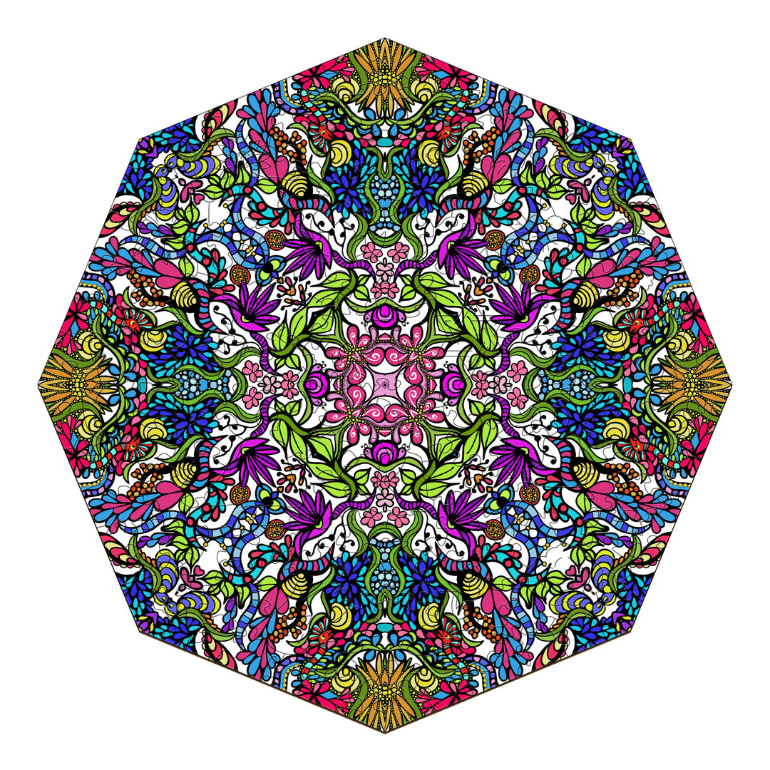 Colorful hexagonal mandala pattern featuring intricate floral and doodle designs by Lori Anne McKague.