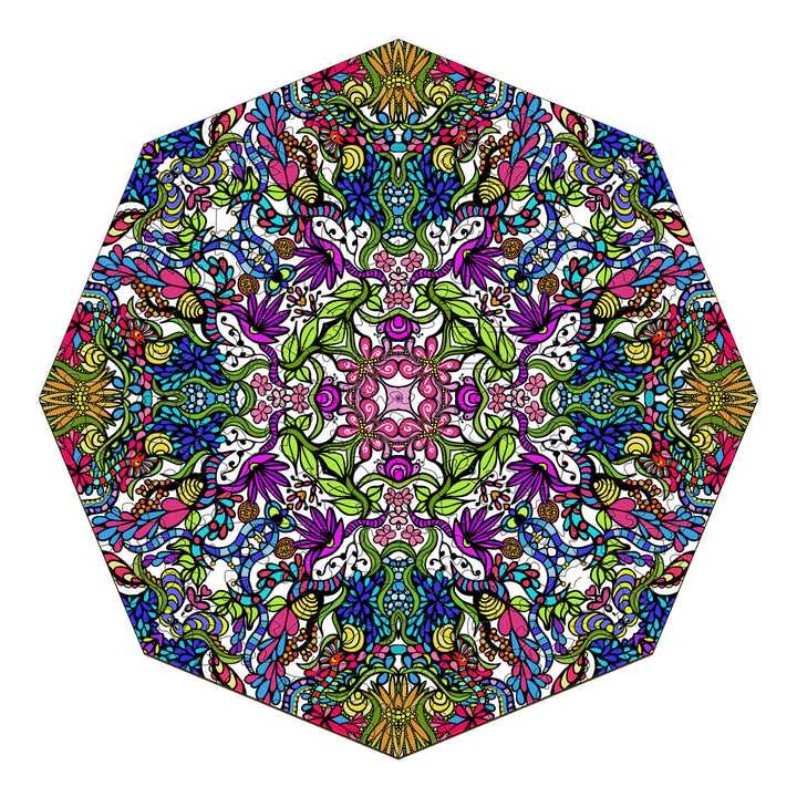 Colorful hexagonal mandala pattern featuring intricate floral and doodle designs by Lori Anne McKague.