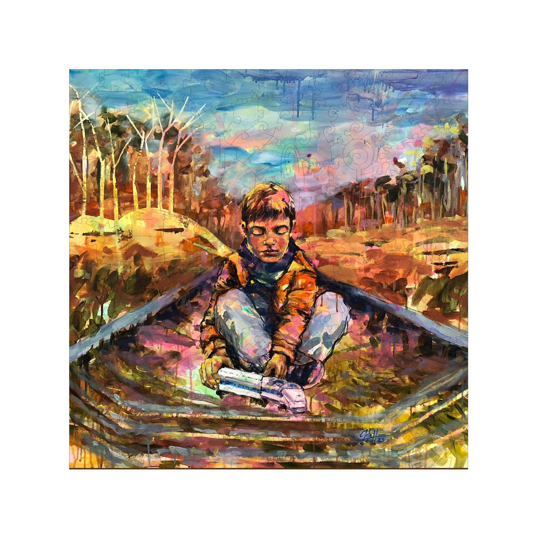 On the Way artwork by Arlet Gomez featuring a boy sitting on railway tracks surrounded by vibrant colors.