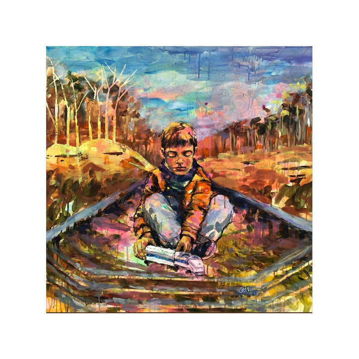 On the Way artwork by Arlet Gomez featuring a boy sitting on railway tracks surrounded by vibrant colors.