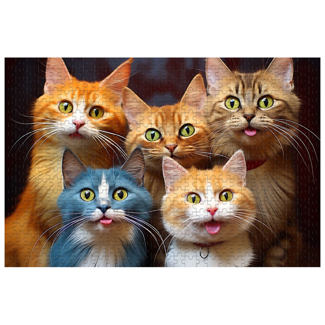 Colorful jigsaw puzzle featuring five cute cats, ideal for enhancing focus and problem-solving skills.