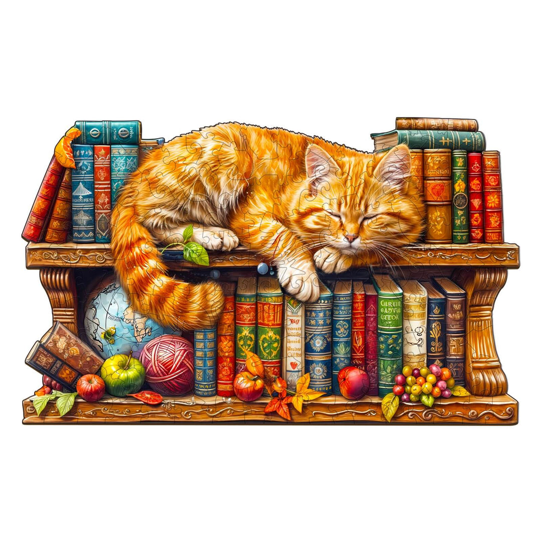 Dreamy Tabby Cat-2 wooden jigsaw puzzle featuring a cozy orange cat resting on a colorful bookshelf