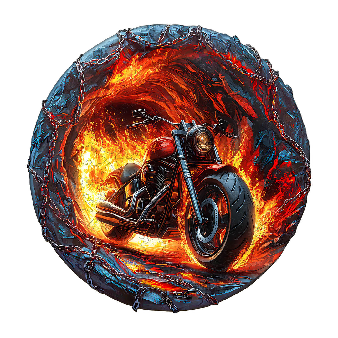 Fiery Escape Wooden Jigsaw Puzzle featuring a motorcycle burst through flames and chains, perfect for puzzle lovers.
