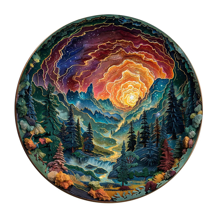 3D cave sky wooden jigsaw puzzle depicting a vibrant starry night scene with trees and mountains.