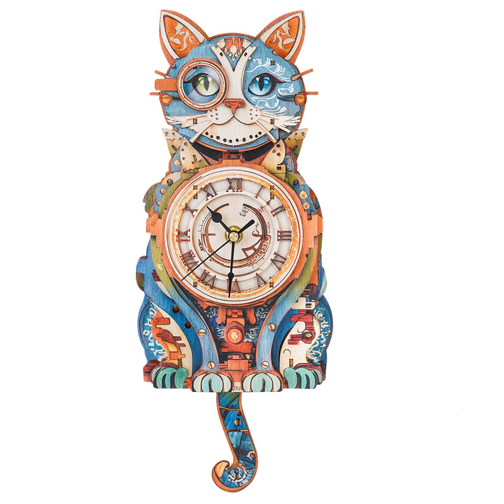 Colorful cat-themed DIY wooden clock crafted from eco-friendly materials, showcasing intricate design and precision craftsmanship.
