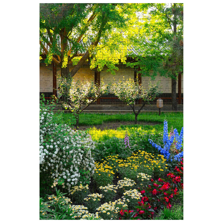 Colorful garden scenery with blooming flowers and lush greenery, perfect for a relaxing ambiance and puzzle inspiration.
