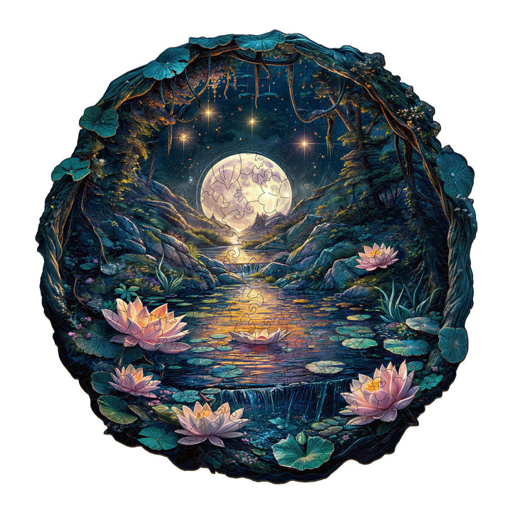 3D wooden jigsaw puzzle featuring a mystical moonlit cave with lotus flowers and a glowing full moon.