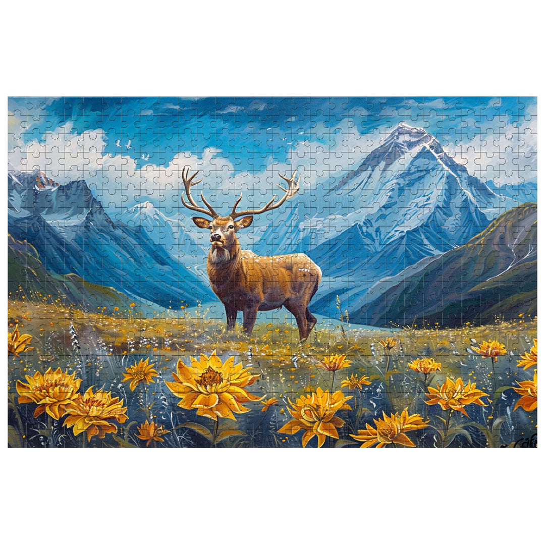 Elk 500/1000 piece jigsaw puzzle featuring a majestic elk in a stunning mountain landscape with yellow flowers.