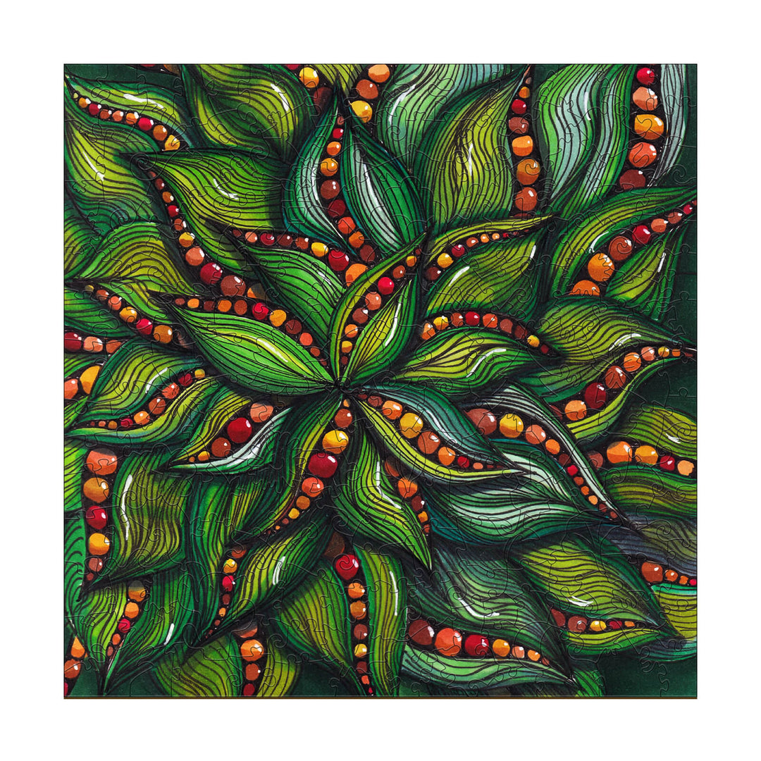 Vibrant green and orange floral art by Erin Desjardine, inspired by nature and creativity.