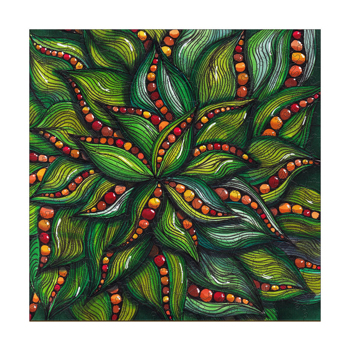 Vibrant green and orange floral art by Erin Desjardine, inspired by nature and creativity.