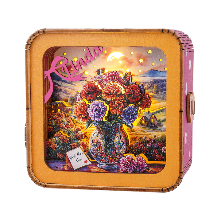 Personalized 3D wooden puzzle night light kit featuring colorful carnations in a vase, perfect for home decor.