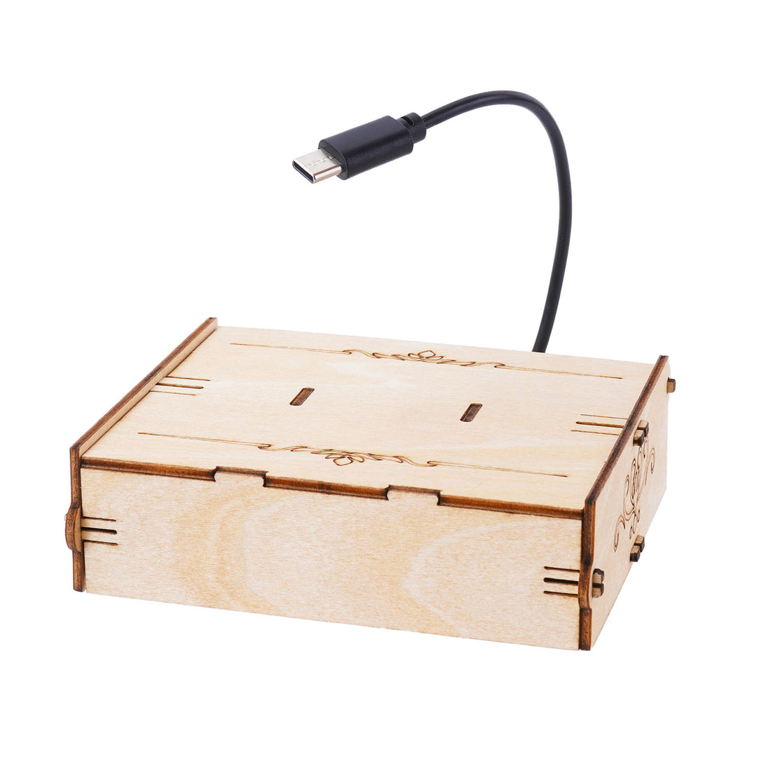 Wooden battery base with USB cable for external power supply installation guide.