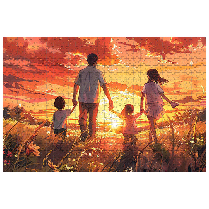 A family of four walking toward a sunset, enjoying quality time together while completing the Towards the Sun puzzle.
