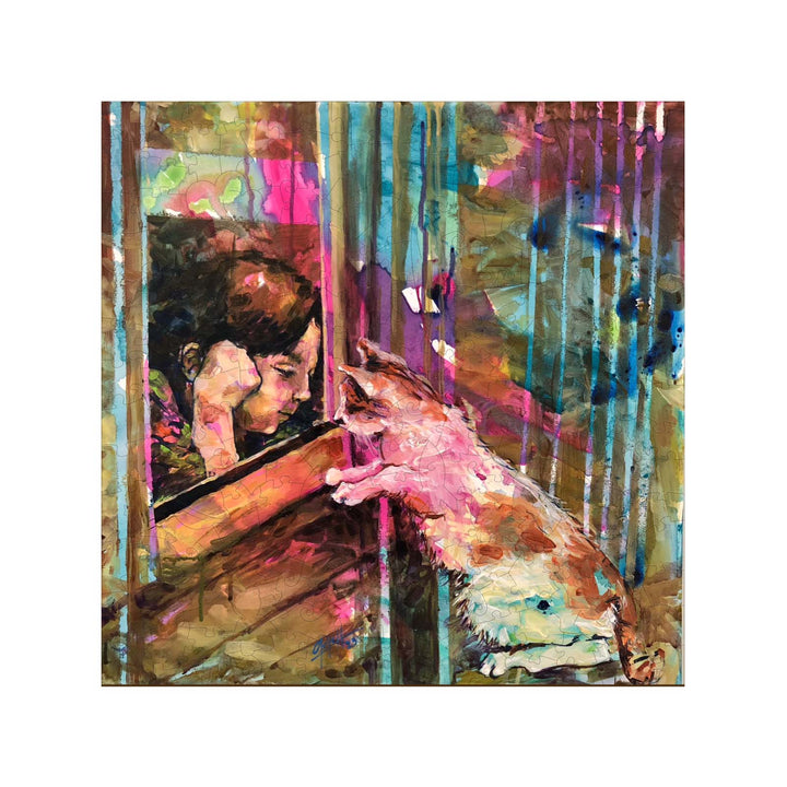 Colorful artwork of a girl leaning on a window, interacting with a cat, showcasing Arlet Gomez's unique artistic style.