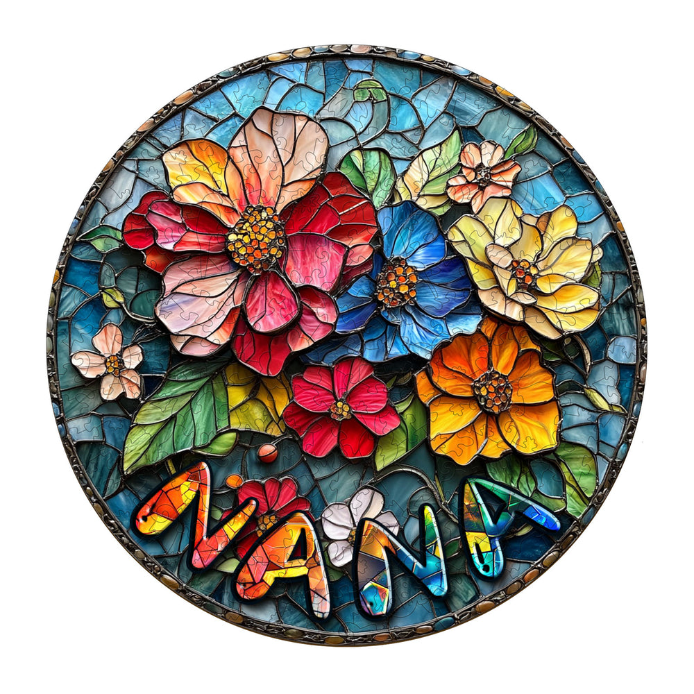 Coloured window cut wooden jigsaw puzzle featuring vibrant flowers and personalized name 'NANA'.