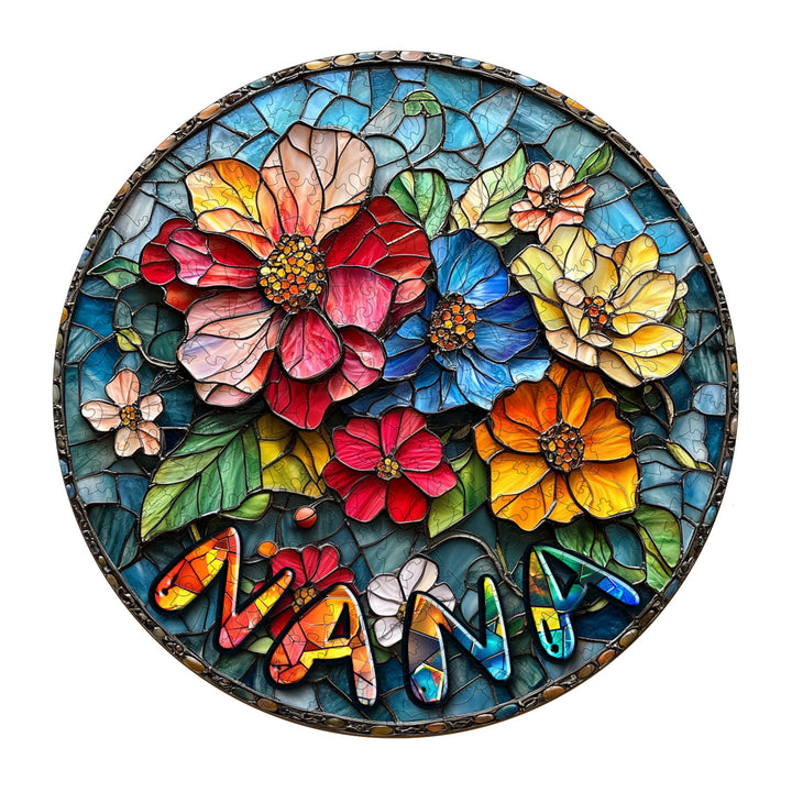 Coloured window cut wooden jigsaw puzzle featuring vibrant flowers and personalized name 'NANA'.