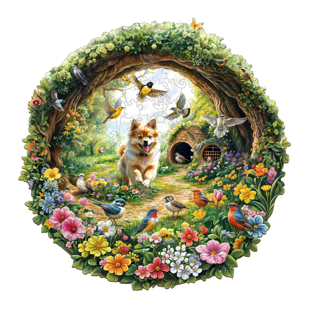 Colorful Spring Birds Wooden Jigsaw Puzzle featuring a joyful dog and vibrant flowers in a garden setting.