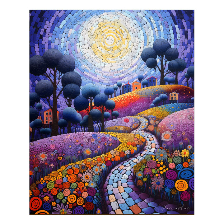 The Marvelous Journey artwork by Pietro Gallo, featuring a colorful, whimsical landscape with vibrant flowers and trees.