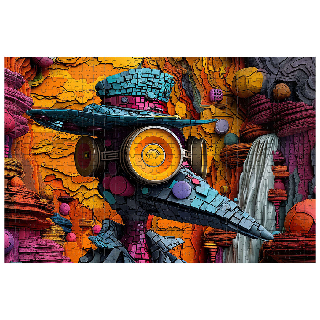 Colorful abstract puzzle featuring a whimsical character in a surreal landscape, perfect for brain-teasing fun.