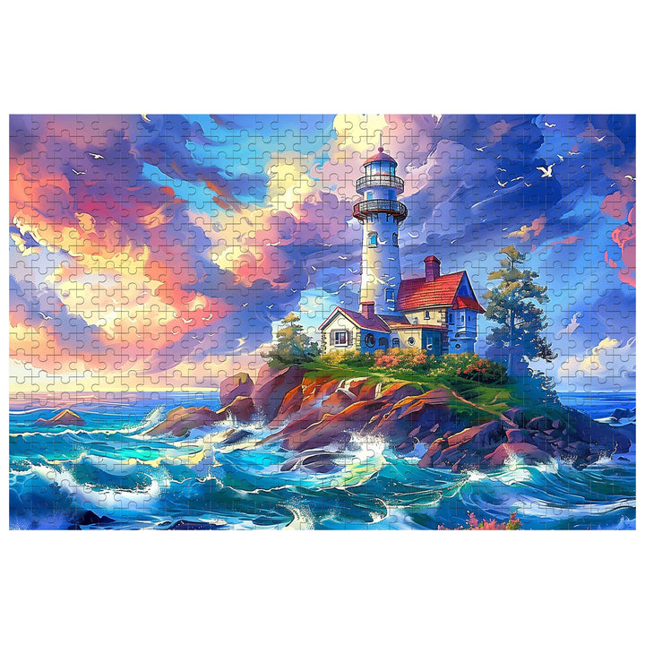 Lonely Island Lighthouse 500/1000 piece puzzle featuring vibrant ocean and sunset scenery, perfect for puzzle enthusiasts.