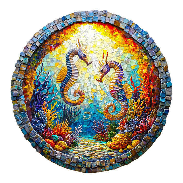 3D Seahorses in Harmony wooden jigsaw puzzle showcasing vibrant sea life and coral reefs, ideal for puzzle enthusiasts.