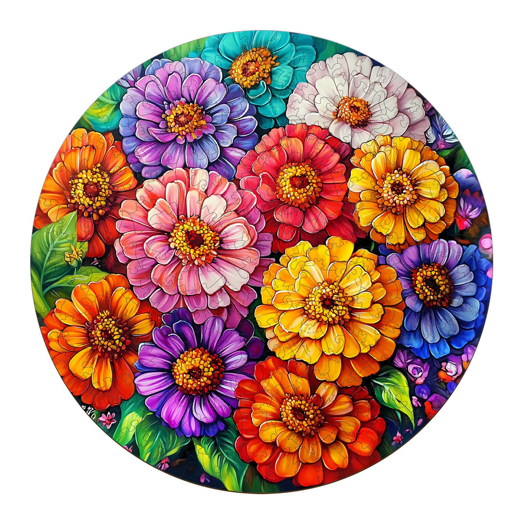 Colorful wooden jigsaw puzzle featuring beautiful flowers in vibrant hues, perfect for puzzle enthusiasts and mental games.