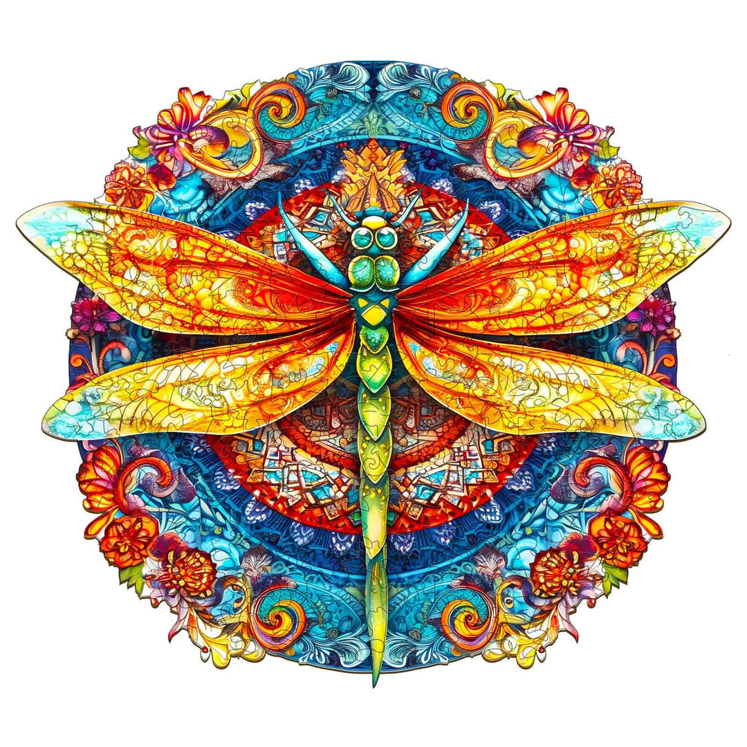 Colorful Mandala Dragonfly 1 wooden jigsaw puzzle featuring vibrant floral designs and intricate patterns.