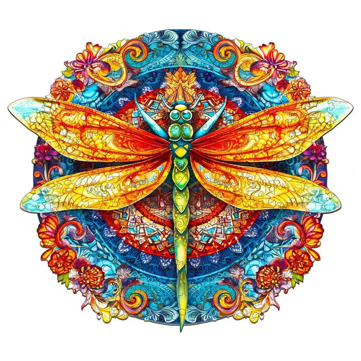 Colorful Mandala Dragonfly 1 wooden jigsaw puzzle featuring vibrant floral designs and intricate patterns.