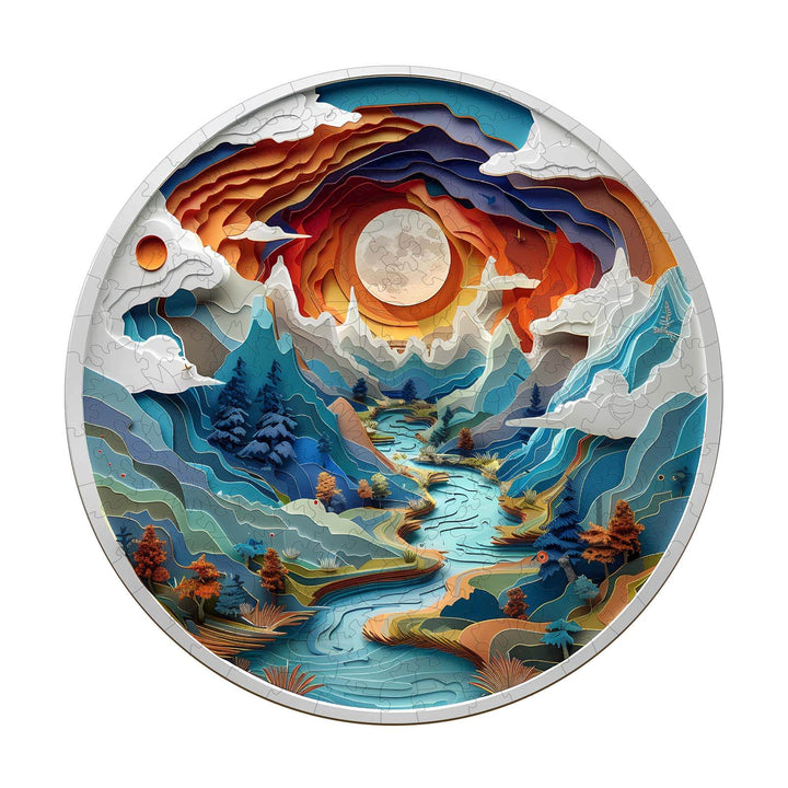 3D vision inside the cave-3 wooden jigsaw puzzle featuring colorful mountains and a river under a full moon.
