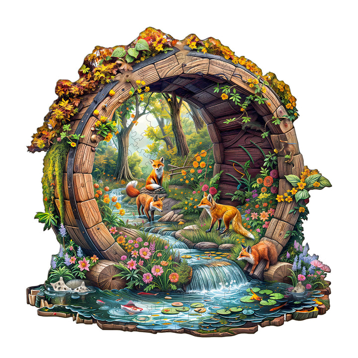 Happy foxes-2 wooden jigsaw puzzle featuring foxes, flowers, and a serene forest setting with a stream.