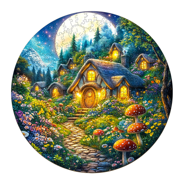Colorful SEEK AND FIND FAIRIES wooden jigsaw puzzle featuring a whimsical village scene with flowers and mushrooms.