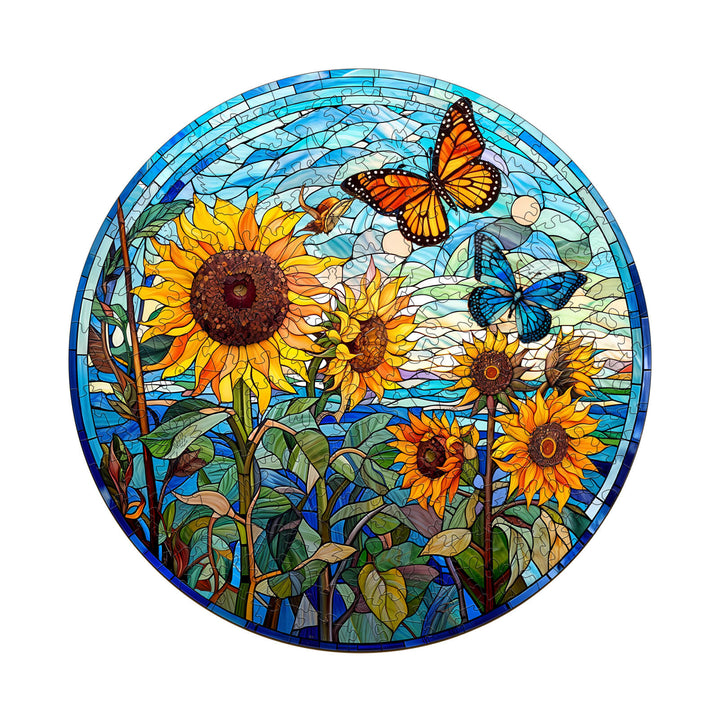 Stained Glass Sunflower Jigsaw Puzzle featuring colorful sunflowers and butterflies in a vibrant circular design.