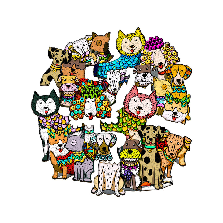 Colorful illustration of playful dogs and cats in a whimsical style, perfect for animal lovers and puzzle enthusiasts.