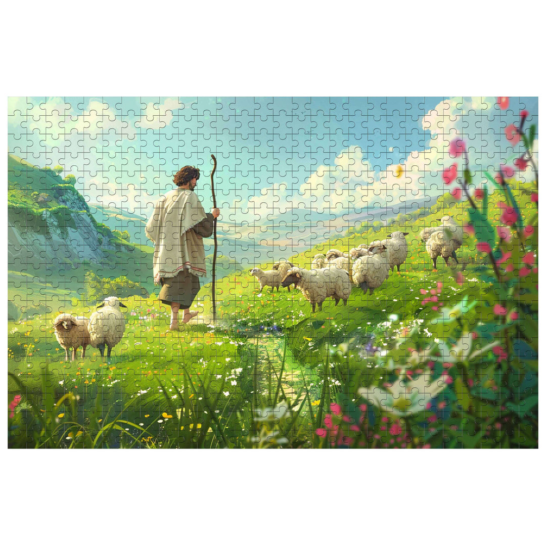 Sacred Grassland 500/1000 piece puzzle featuring a serene landscape with a shepherd and sheep.