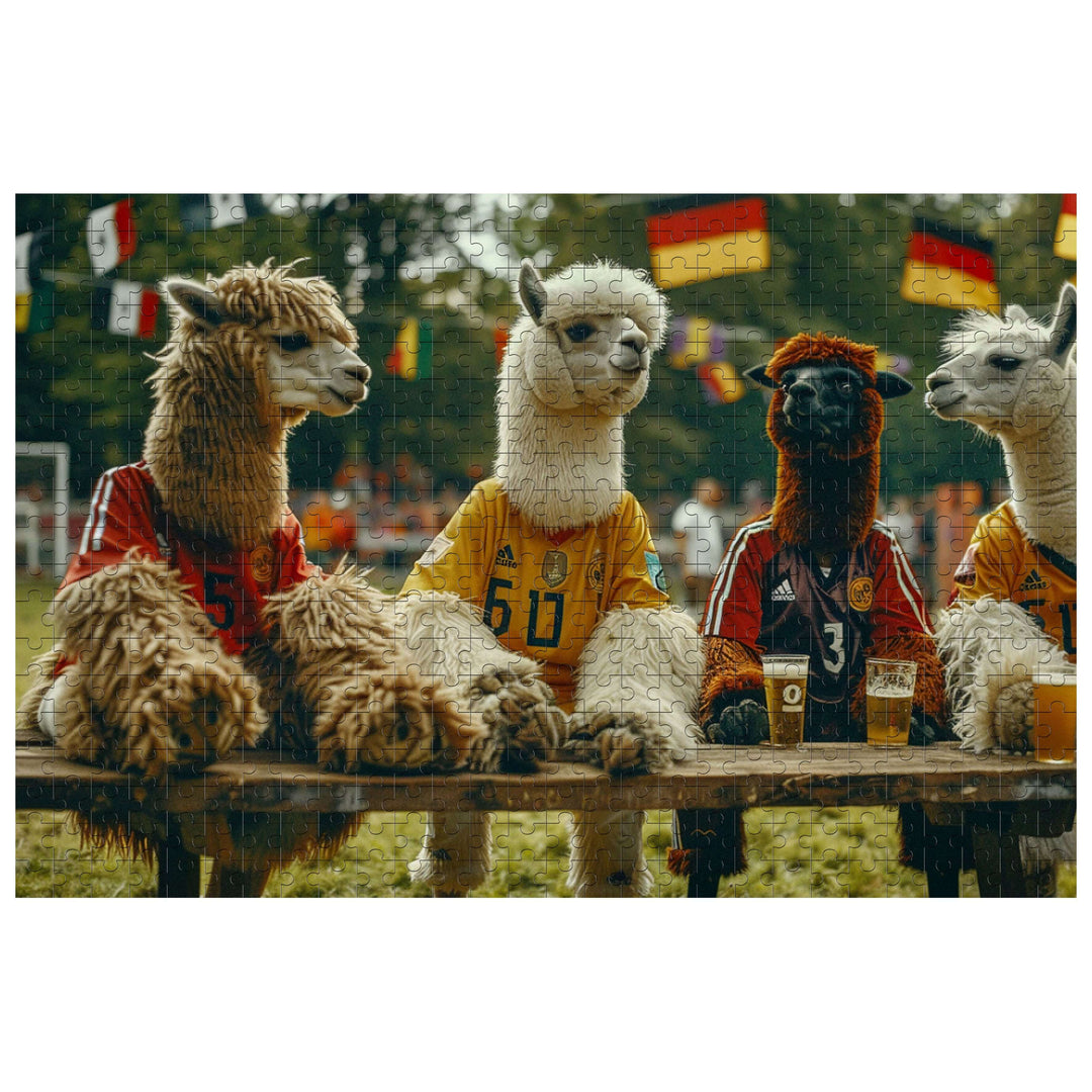 Four funny alpacas in team jerseys enjoying a puzzle-solving time at a sports event.