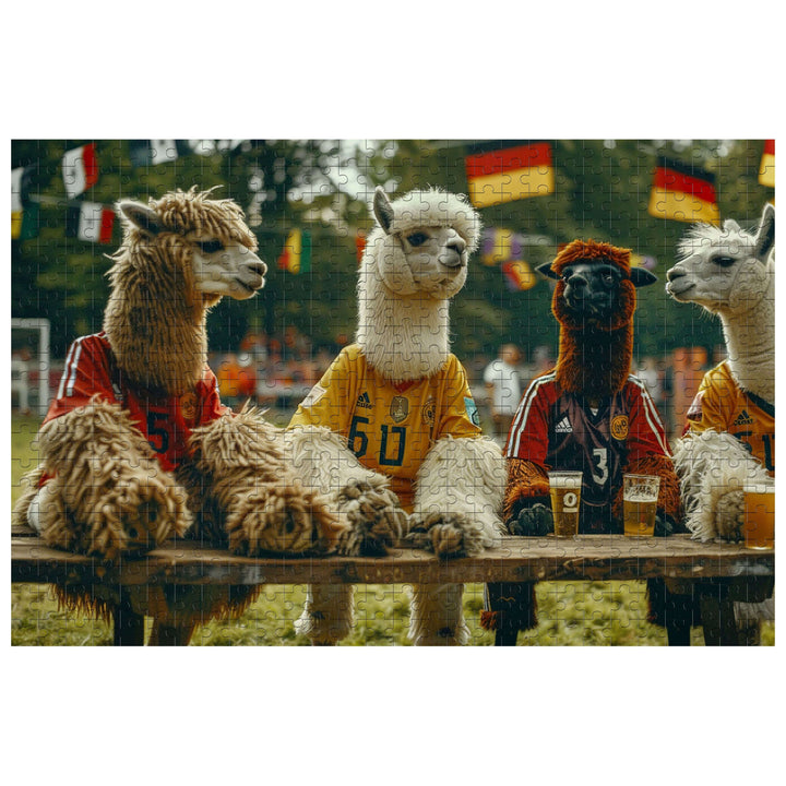 Four funny alpacas in team jerseys enjoying a puzzle-solving time at a sports event.