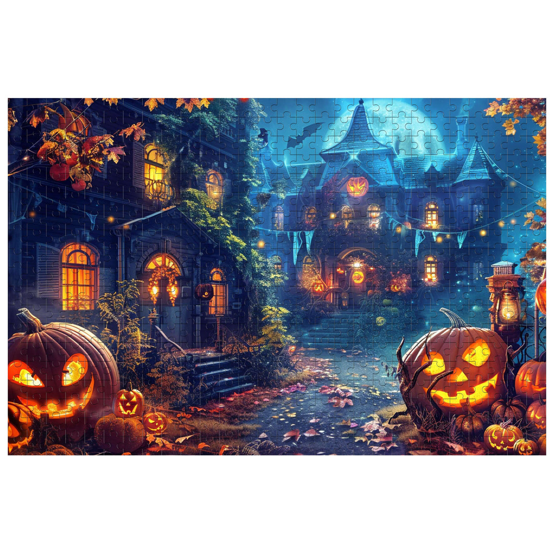 Halloween Castle 500/1000 piece puzzle showcasing a spooky mansion with glowing pumpkins and autumn foliage.