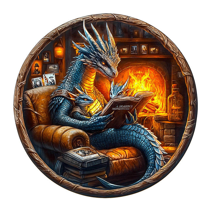 A detailed illustration of a dragon reading a book by a fireplace, showcasing fantasy art with a cozy atmosphere.