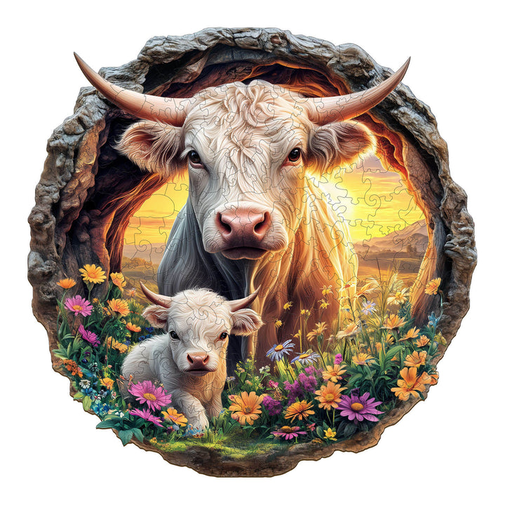 Cattle Family Wooden Jigsaw Puzzle featuring a mother cow and calf among vibrant flowers in a sunset scene.