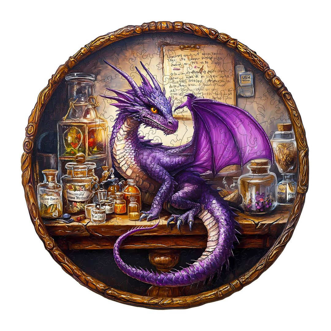 Purple dragon jigsaw puzzle featuring magical elements like potion bottles and scrolls in enchanting atmosphere.