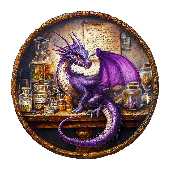 Purple dragon jigsaw puzzle featuring magical elements like potion bottles and scrolls in enchanting atmosphere.