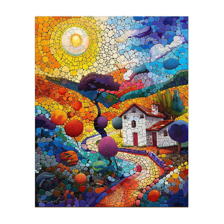 Vivid mosaic art of a country house by Pietro Gallo, featuring colorful landscapes and vibrant sunlit skies.