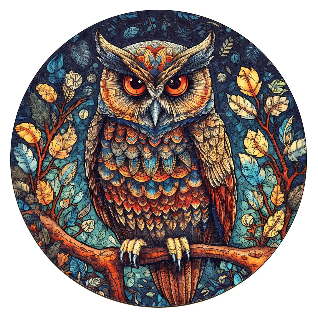 Mystic Owl Wooden Jigsaw Puzzle showcasing a beautifully detailed owl in vibrant colors, perched on a branch.