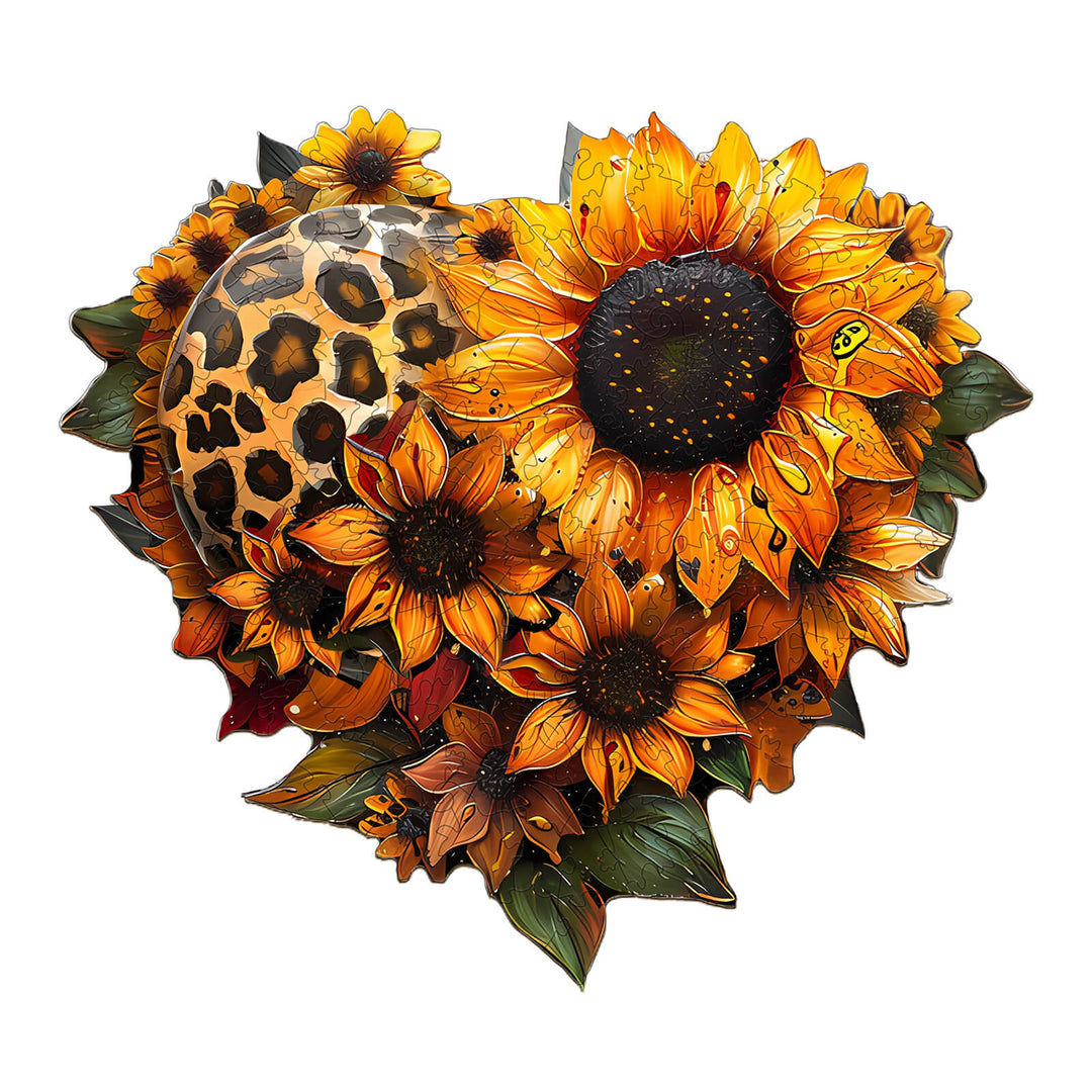 Heart-shaped sunflower jigsaw puzzle with vibrant yellow flowers and a leopard print design, perfect for mind games and focus.