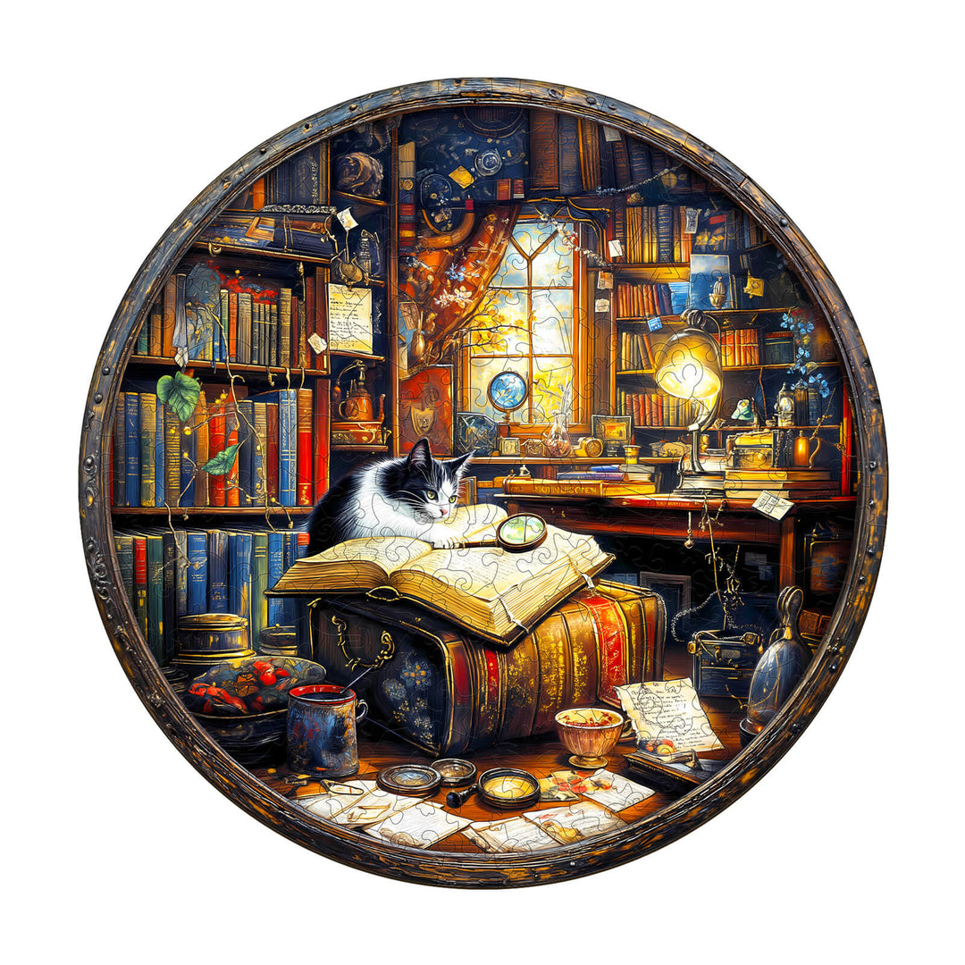Whiskers Library-1 wooden jigsaw puzzle featuring a cat on books, enhancing focus and mental skills through fun.