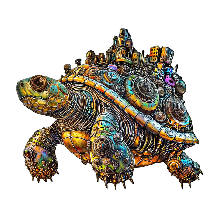 Colorful metallic turtle jigsaw puzzle featuring a cityscape, designed for puzzle lovers and mind game enthusiasts.
