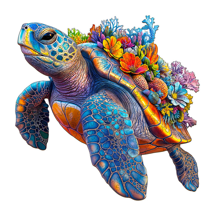 Vibrant coral and turtle illustration, perfect for a colorful wooden jigsaw puzzle featuring marine life.
